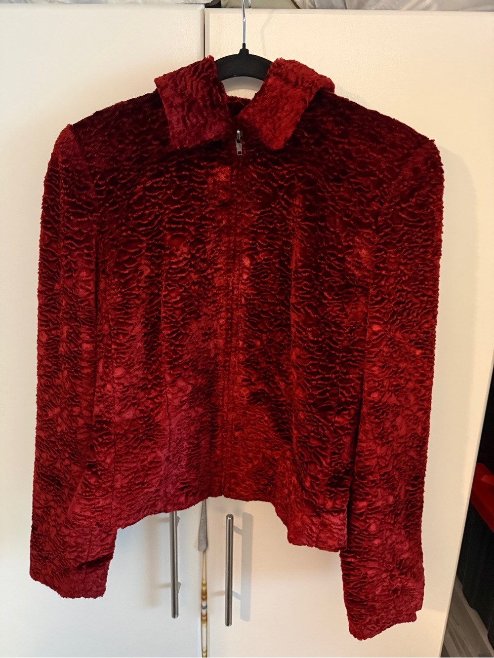 Vintage Louben red textured faux fur / crushed plush zip-up jacket